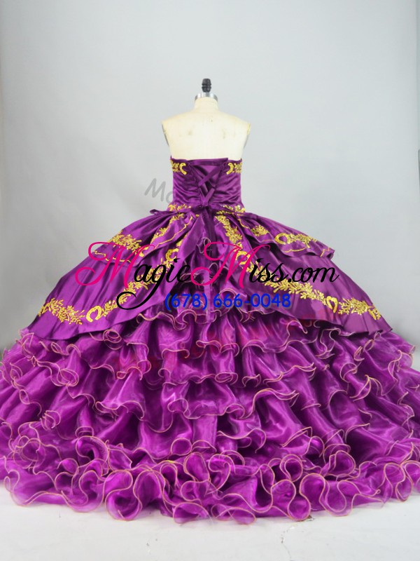 wholesale customized satin and organza sweetheart sleeveless brush train lace up embroidery and ruffles ball gown prom dress in purple