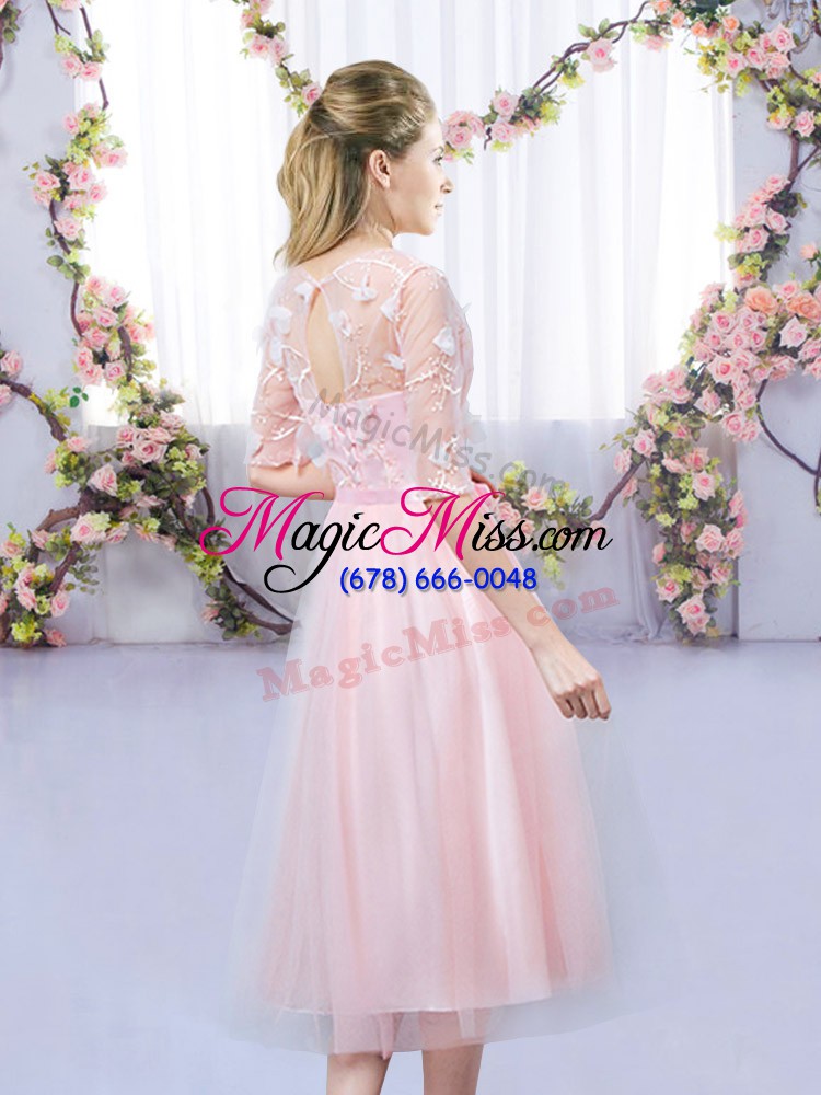 wholesale lace and belt wedding guest dresses baby pink lace up half sleeves tea length