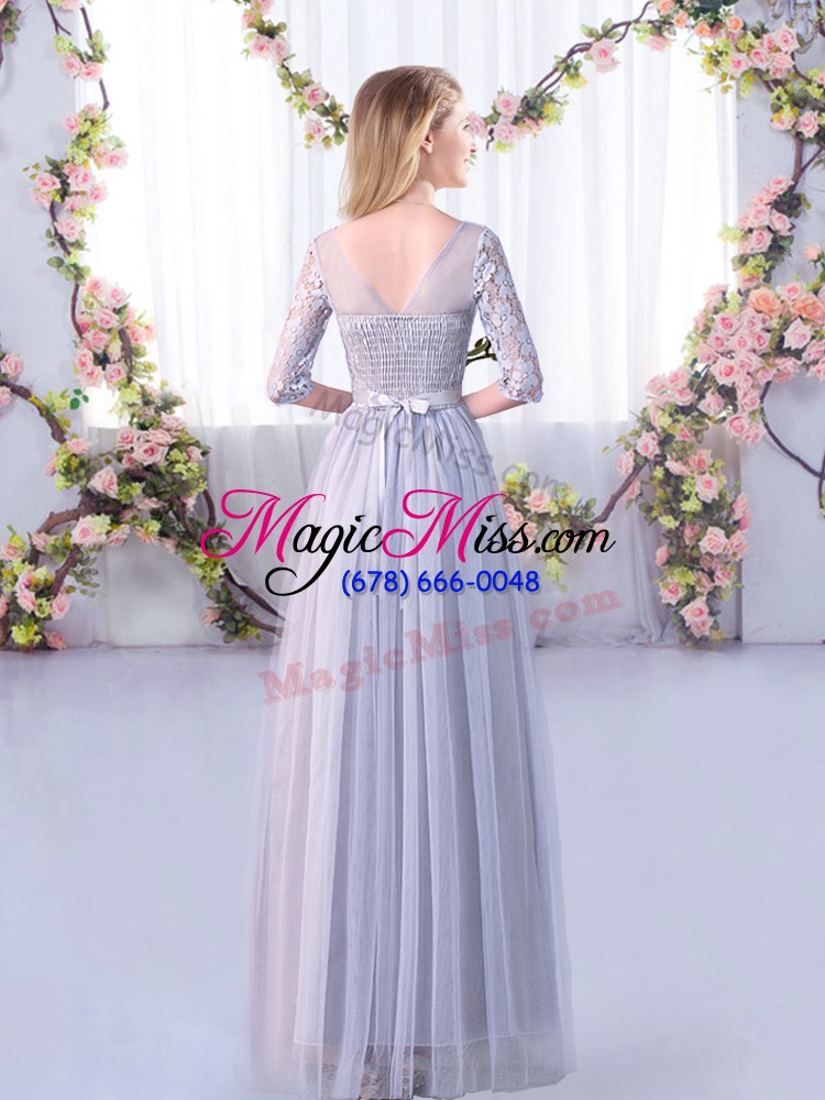 wholesale lavender tulle side zipper v-neck half sleeves floor length bridesmaid gown lace and belt