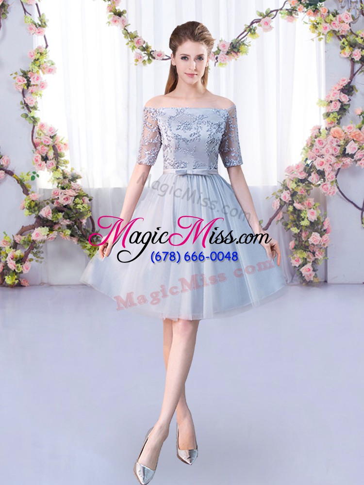 wholesale flare short sleeves lace up knee length lace and belt wedding guest dresses