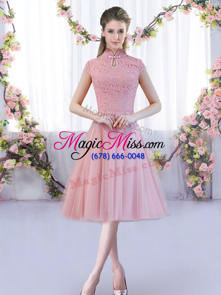 wholesale custom design tea length pink dama dress high-neck cap sleeves zipper