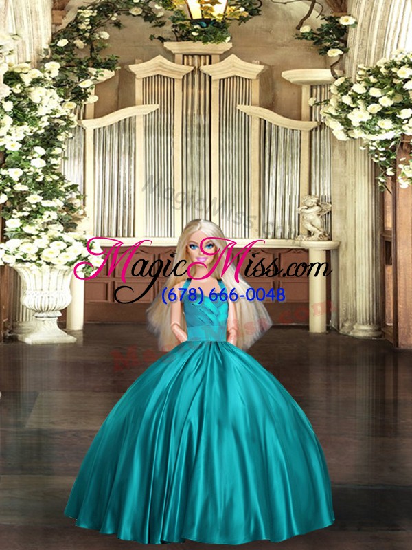 wholesale sleeveless satin floor length lace up quinceanera gowns in teal with ruching