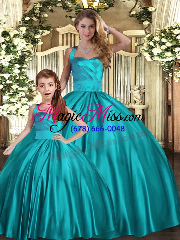 wholesale sleeveless satin floor length lace up quinceanera gowns in teal with ruching