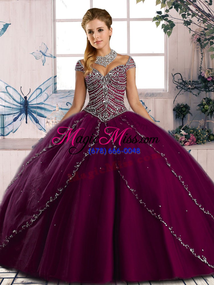 wholesale sexy purple ball gowns tulle sweetheart cap sleeves beading lace up quinceanera gowns brush train