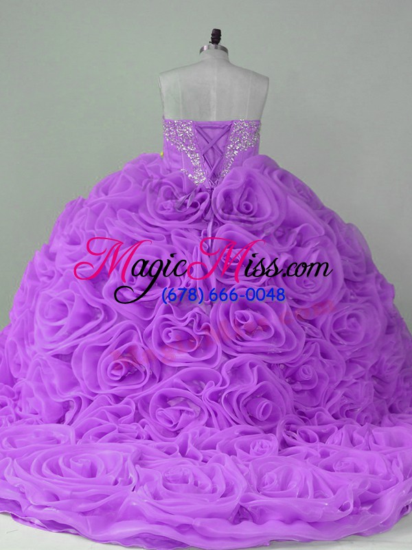 wholesale lavender fabric with rolling flowers lace up sweetheart sleeveless 15 quinceanera dress brush train beading