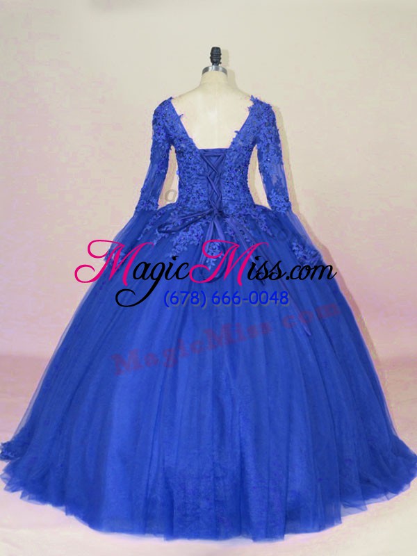 wholesale best v-neck long sleeves quinceanera dress lace and appliques royal blue tulle