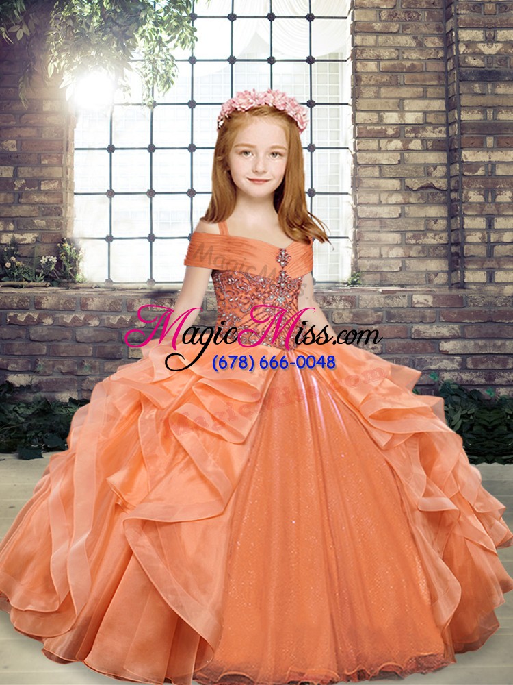 wholesale orange ball gowns straps sleeveless organza floor length lace up beading and ruffles pageant gowns for girls