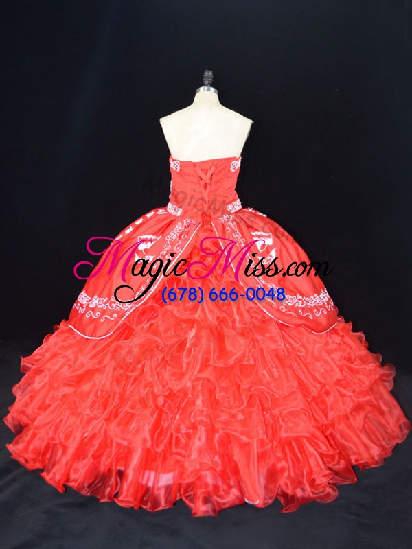 wholesale excellent red lace up quince ball gowns embroidery and ruffles sleeveless floor length