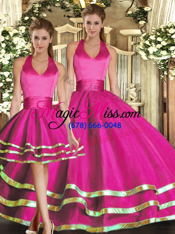 wholesale graceful fuchsia sleeveless ruffled layers floor length sweet 16 dresses