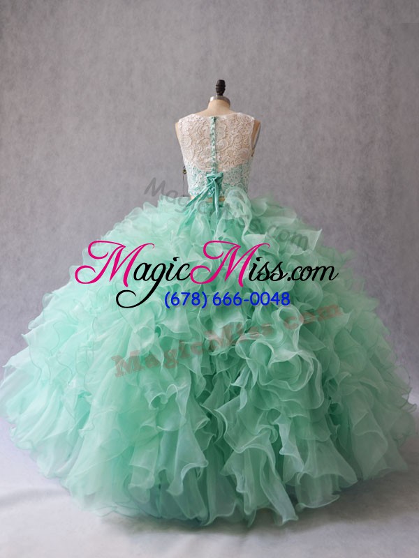 wholesale discount apple green two pieces scoop sleeveless organza floor length zipper beading and lace and ruffles quinceanera gown