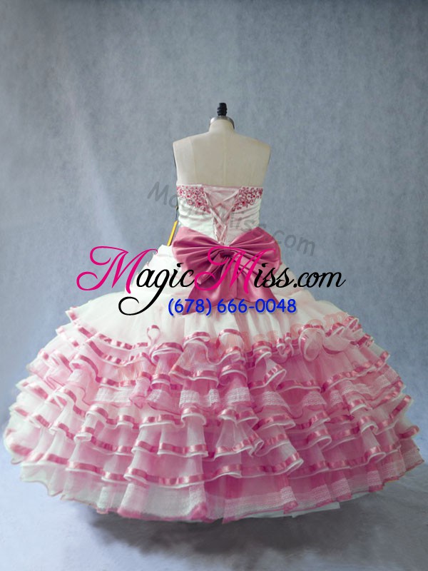 wholesale traditional embroidery and ruffled layers and bowknot sweet 16 dresses pink and white lace up sleeveless floor length
