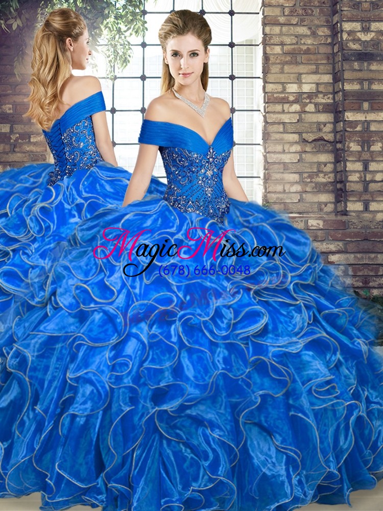 wholesale most popular royal blue ball gowns beading and ruffles quinceanera dress lace up organza sleeveless floor length