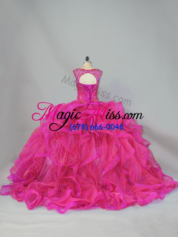 wholesale simple hot pink 15 quinceanera dress scoop sleeveless brush train lace up