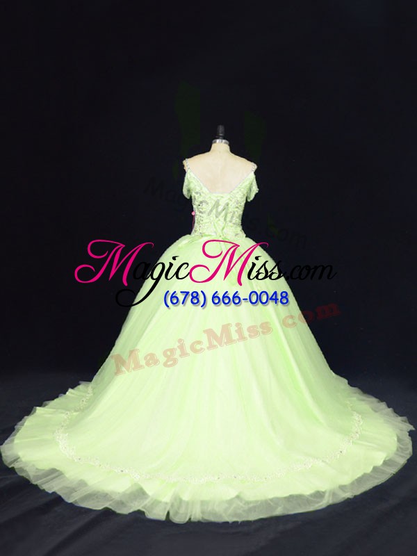 wholesale modern off the shoulder sleeveless 15th birthday dress court train beading yellow green tulle