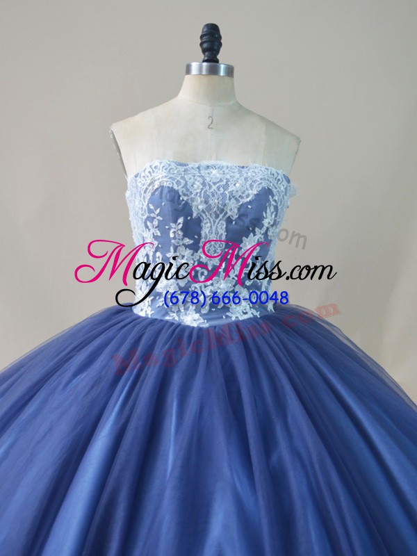 wholesale navy blue lace up scoop appliques and sashes ribbons and bowknot sweet 16 dresses tulle sleeveless brush train