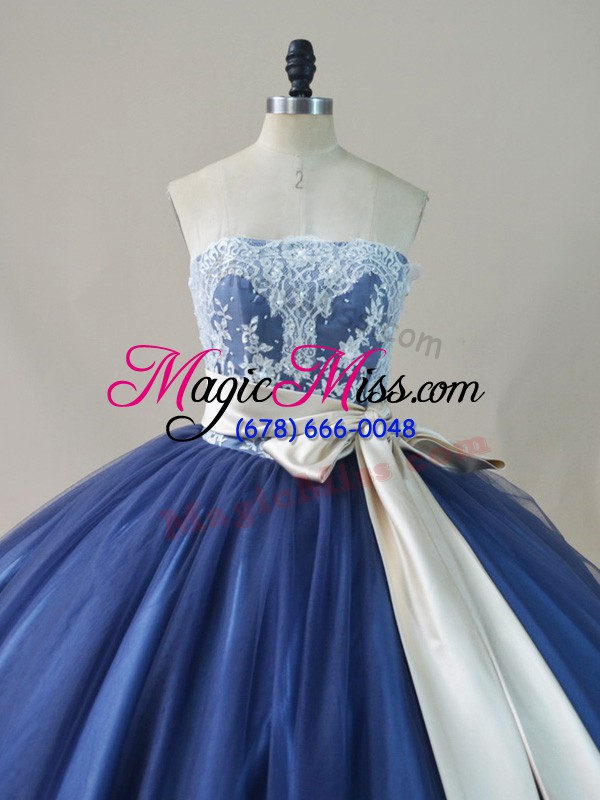 wholesale navy blue lace up scoop appliques and sashes ribbons and bowknot sweet 16 dresses tulle sleeveless brush train