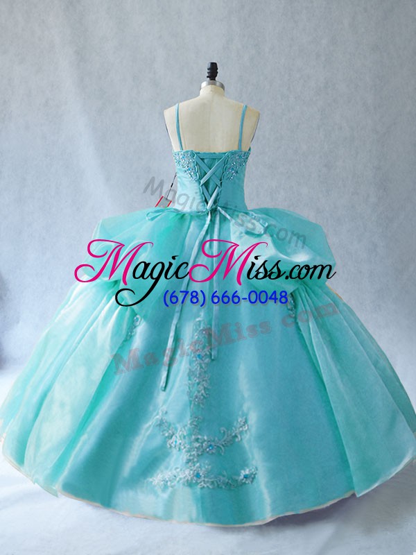 wholesale high class ball gowns quinceanera dress aqua blue straps organza sleeveless floor length lace up