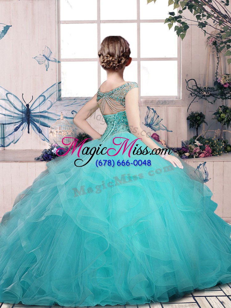 wholesale beading and ruffles little girls pageant dress blue lace up sleeveless floor length