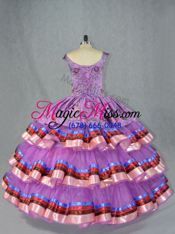 wholesale low price purple ball gowns organza straps sleeveless embroidery and ruffled layers floor length lace up vestidos de quinceanera