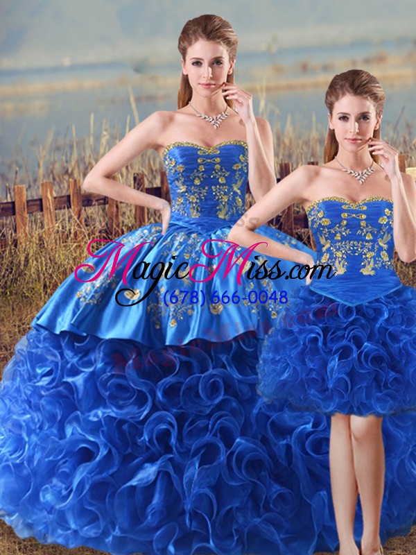 wholesale new style royal blue fabric with rolling flowers lace up sweetheart sleeveless floor length sweet 16 quinceanera dress embroidery and ruffles