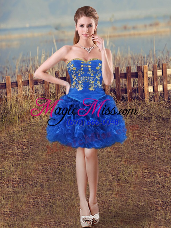 wholesale new style royal blue fabric with rolling flowers lace up sweetheart sleeveless floor length sweet 16 quinceanera dress embroidery and ruffles