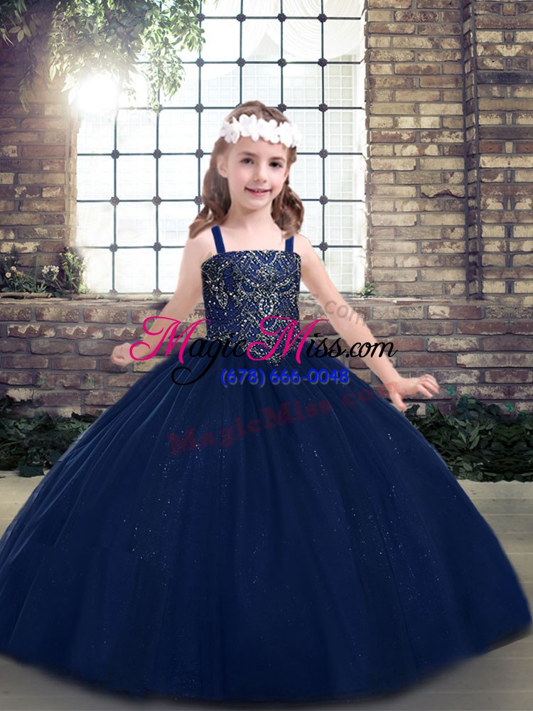 wholesale ball gowns little girls pageant gowns navy blue straps tulle sleeveless floor length lace up