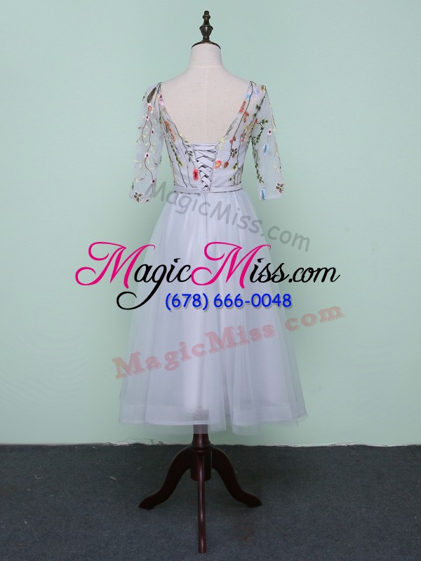 wholesale half sleeves lace up knee length embroidery wedding party dress