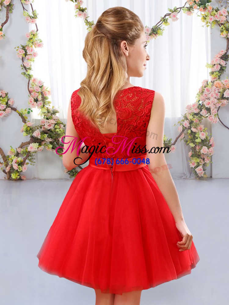 wholesale scoop sleeveless tulle vestidos de damas lace and bowknot lace up