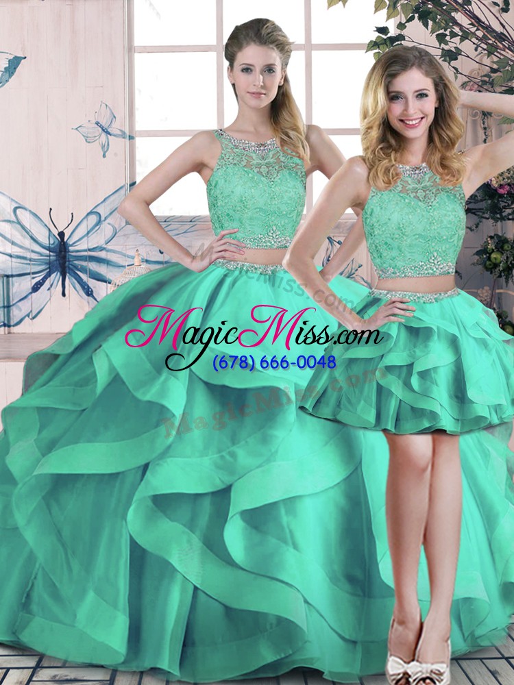 wholesale eye-catching floor length turquoise quinceanera gown tulle sleeveless beading and ruffles