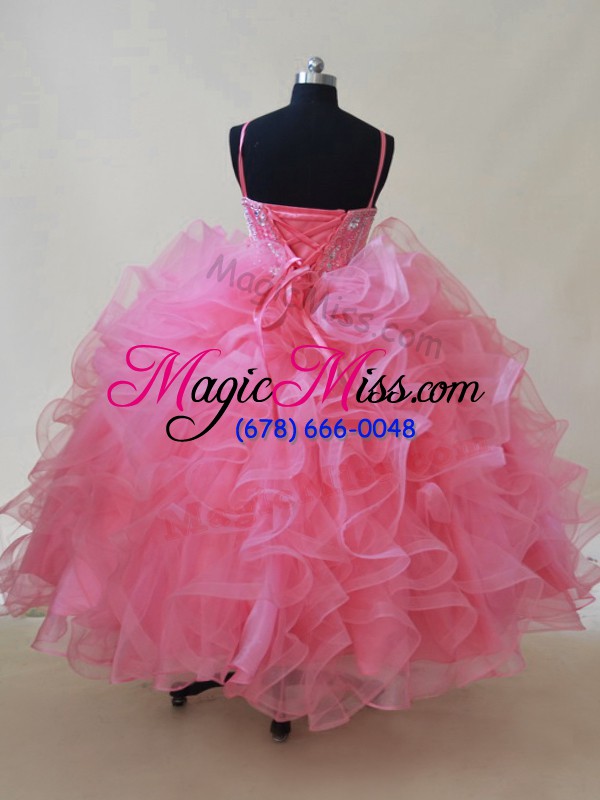 wholesale floor length lace up pageant gowns for girls pink for wedding party with beading and ruffles