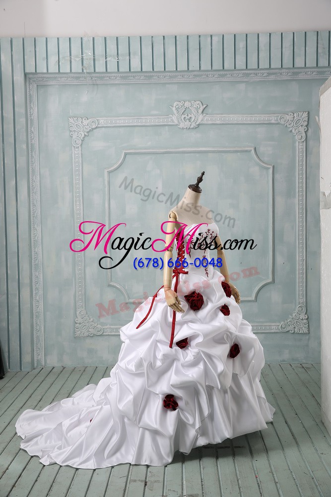 wholesale white taffeta lace up wedding gowns sleeveless brush train embroidery and pick ups and hand made flower