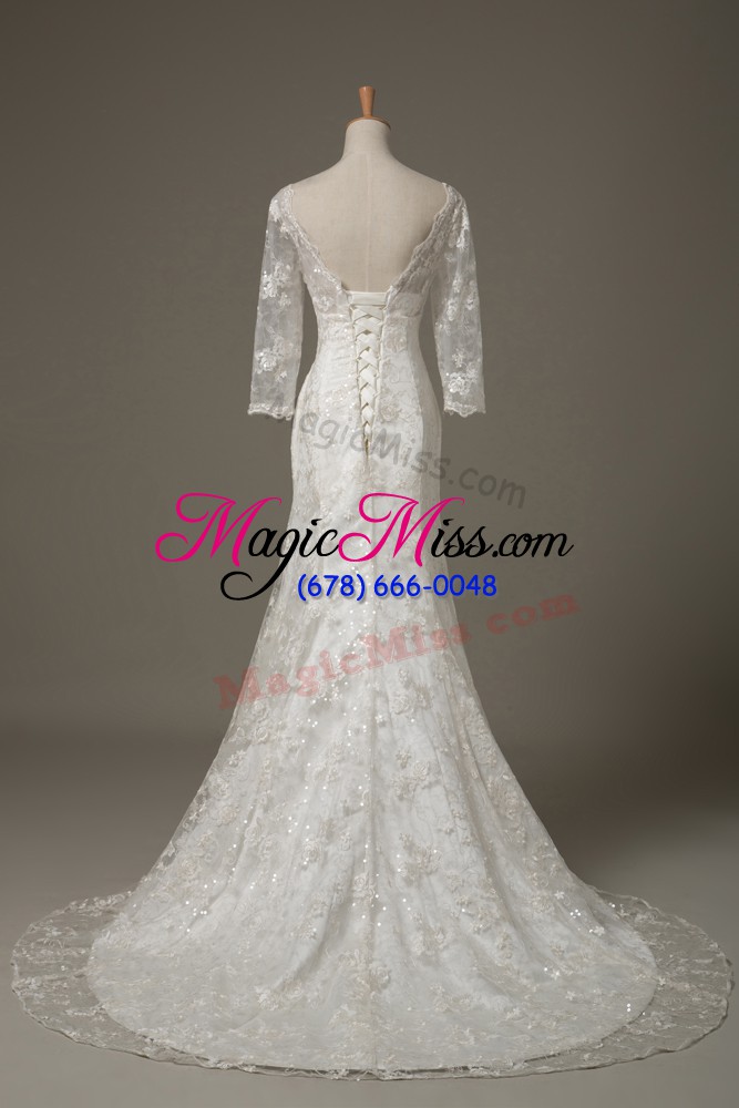 wholesale stylish white mermaid lace and hand made flower bridal gown lace up lace 3 4 length sleeve