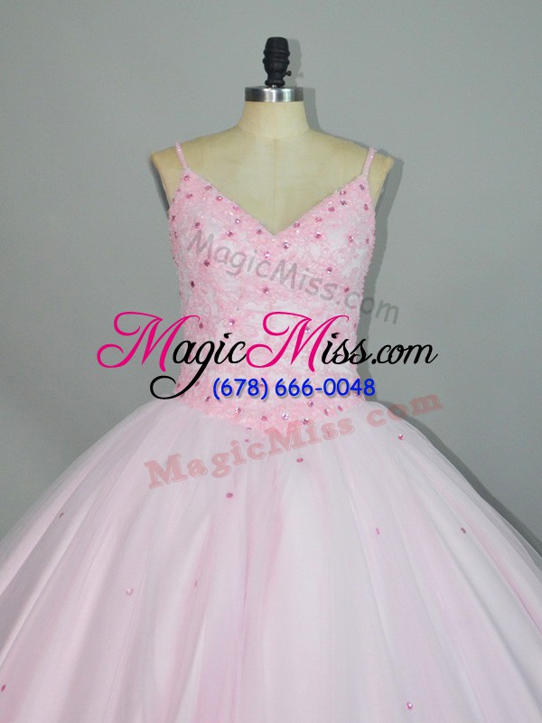 wholesale sumptuous baby pink ball gowns tulle straps sleeveless beading and lace floor length lace up sweet 16 dress