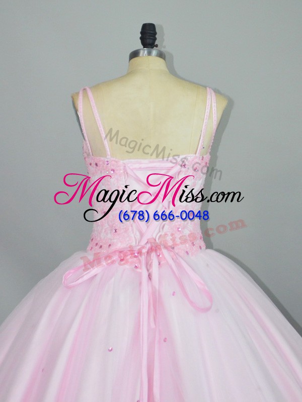 wholesale sumptuous baby pink ball gowns tulle straps sleeveless beading and lace floor length lace up sweet 16 dress
