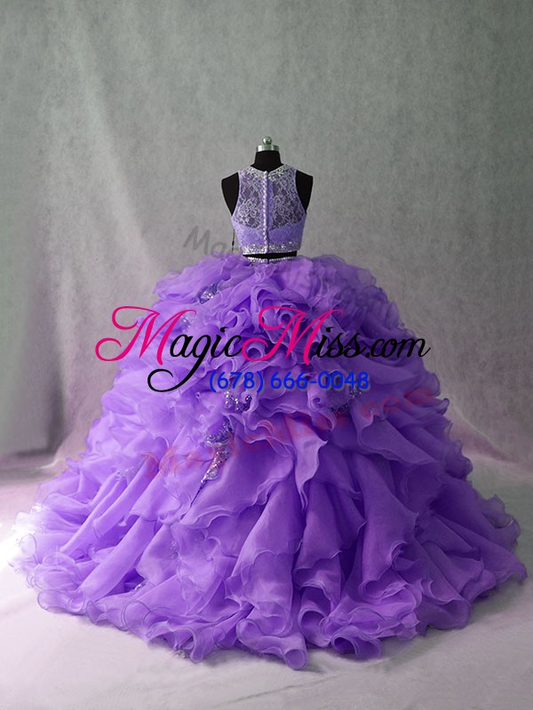 wholesale low price lavender ball gowns scoop sleeveless organza and sequined floor length brush train zipper beading and ruffles sweet 16 dresses