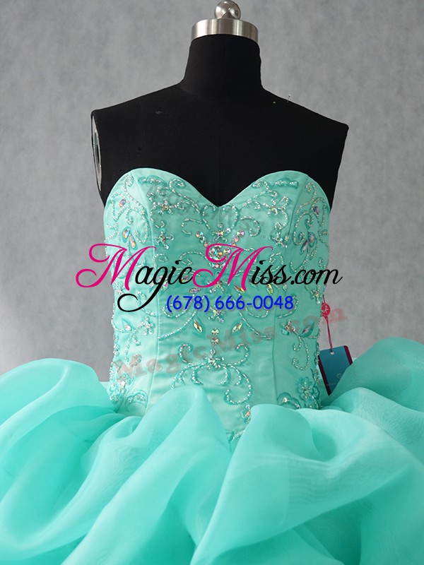 wholesale aqua blue sweetheart lace up beading and ruffles and pick ups ball gown prom dress sleeveless