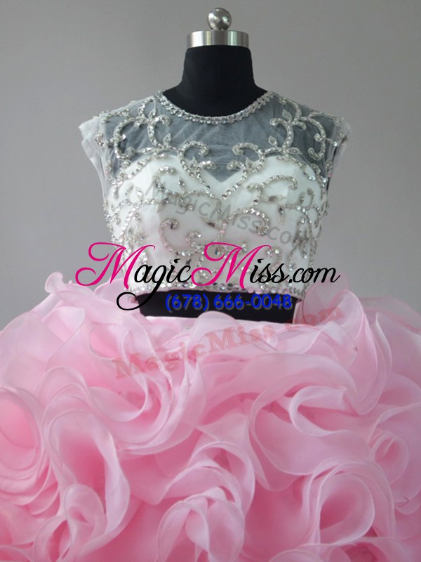 wholesale fabric with rolling flowers sleeveless quince ball gowns brush train and beading and ruffles