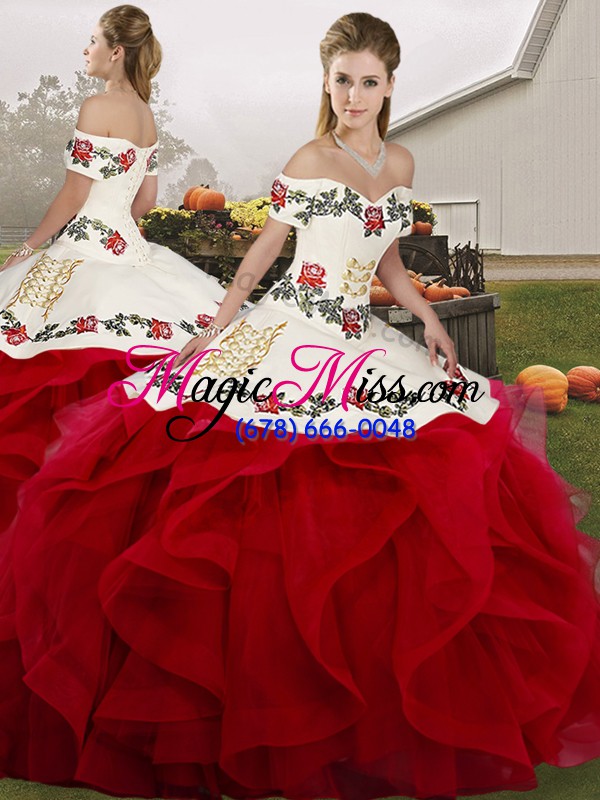 wholesale fine embroidery and ruffles 15th birthday dress white and red lace up sleeveless floor length