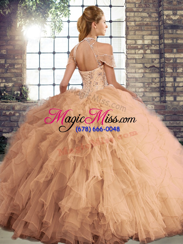 wholesale halter top sleeveless tulle 15 quinceanera dress beading and ruffles lace up