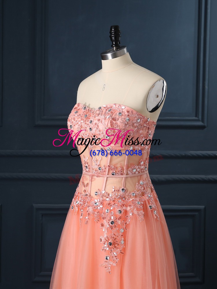 wholesale classical orange tulle zipper sweetheart sleeveless floor length homecoming dress lace and appliques