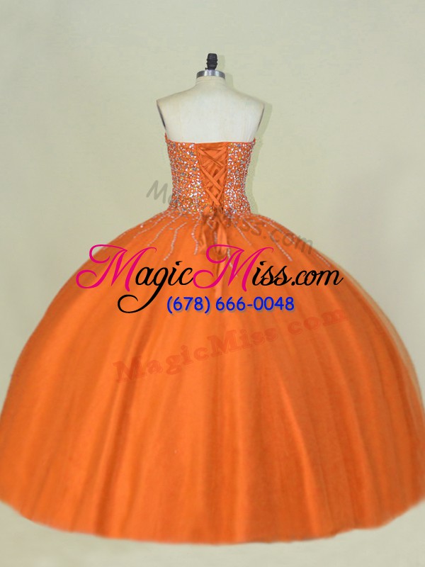 wholesale hot sale sleeveless tulle floor length lace up 15th birthday dress in orange with beading