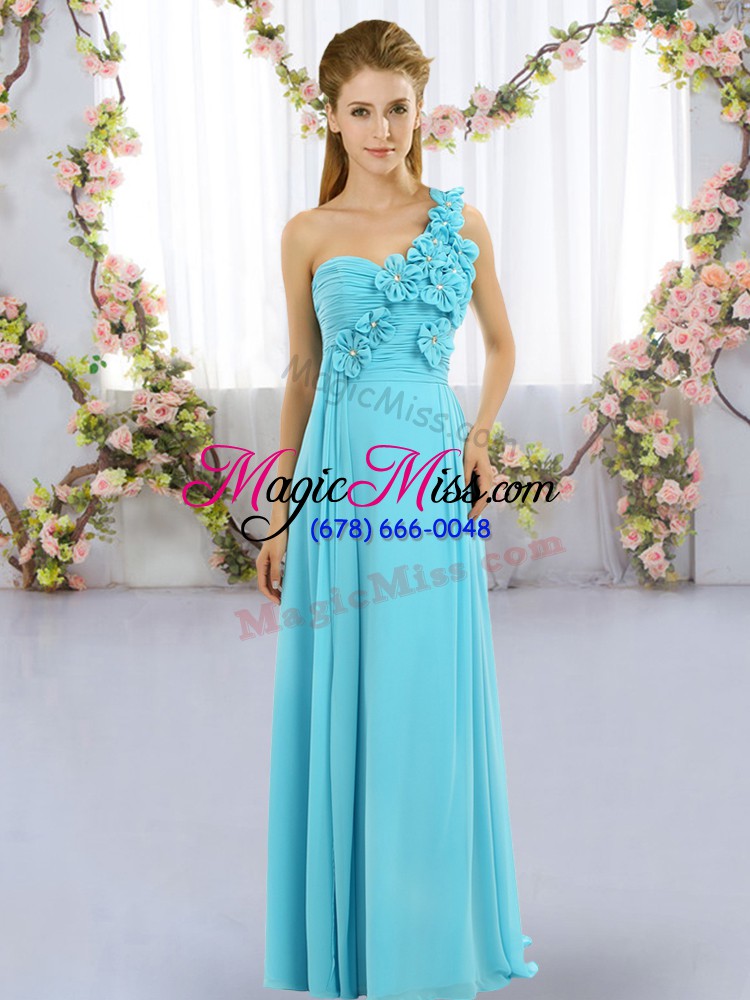 wholesale aqua blue chiffon lace up quinceanera dama dress sleeveless floor length hand made flower