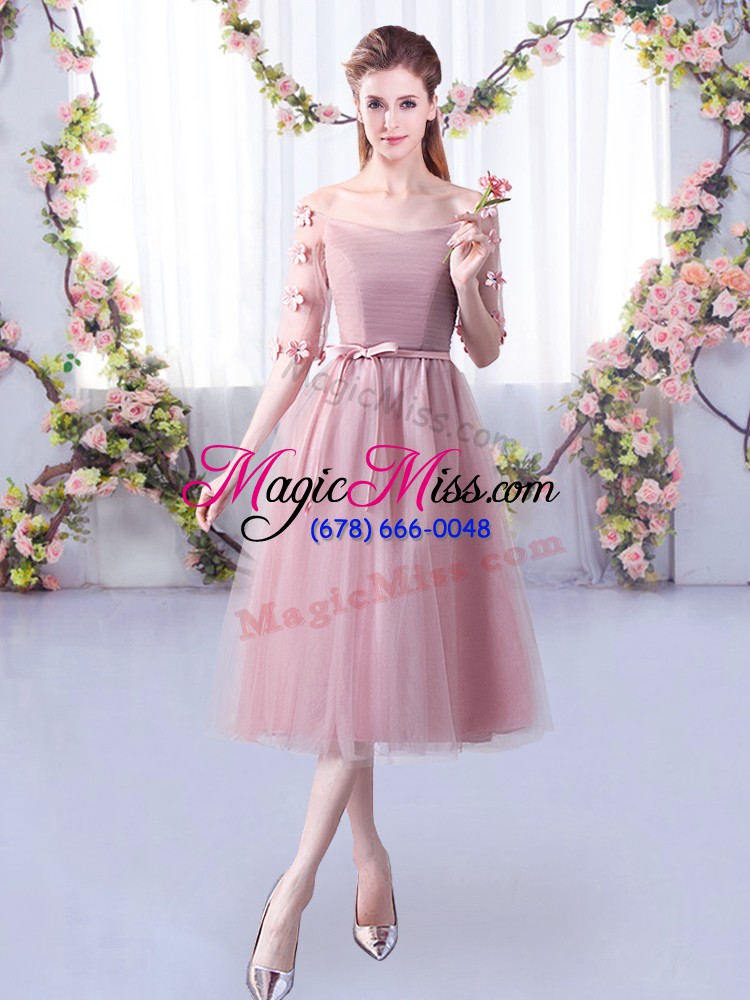 wholesale off the shoulder half sleeves tulle bridesmaid dress appliques and belt lace up