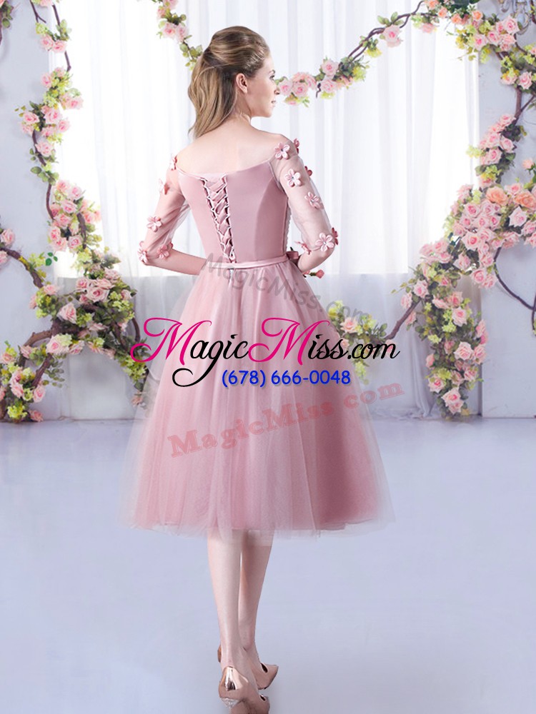 wholesale off the shoulder half sleeves tulle bridesmaid dress appliques and belt lace up