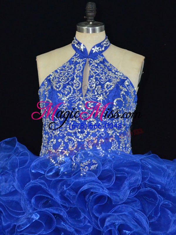 wholesale organza halter top sleeveless lace up beading and ruffles quince ball gowns in royal blue