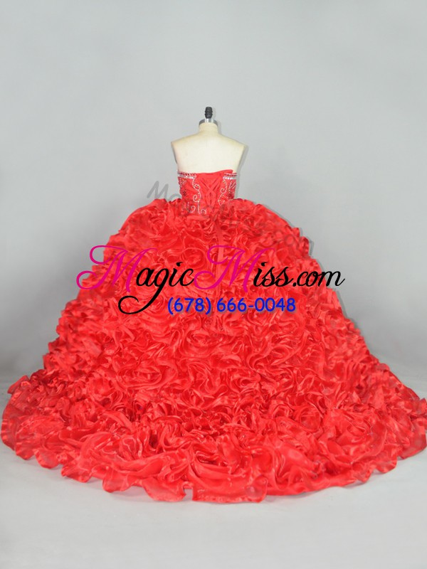 wholesale custom made sleeveless organza brush train lace up sweet 16 dresses in red with beading and ruffles