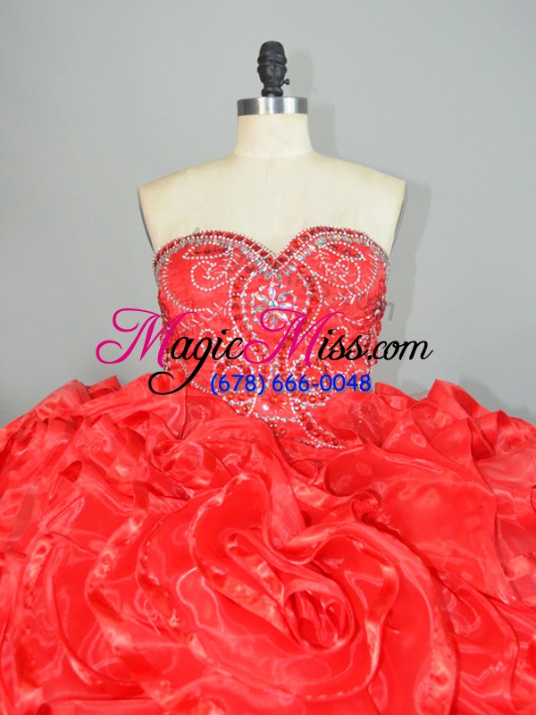 wholesale custom made sleeveless organza brush train lace up sweet 16 dresses in red with beading and ruffles