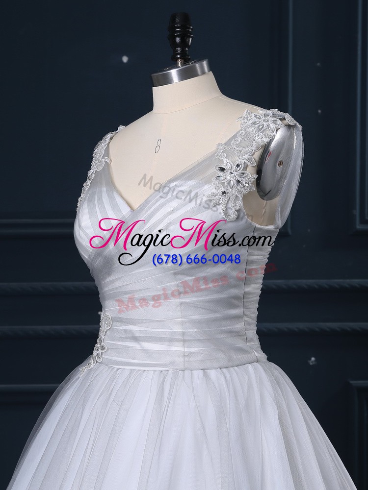 wholesale grey lace up v-neck appliques wedding dress tulle sleeveless brush train