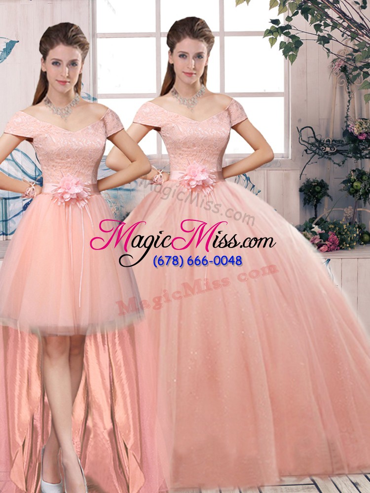 wholesale floor length lace up vestidos de quinceanera pink for military ball and sweet 16 and quinceanera with lace and hand made flower