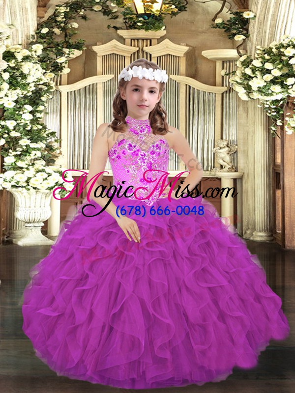 wholesale latest floor length purple little girls pageant dress halter top sleeveless lace up
